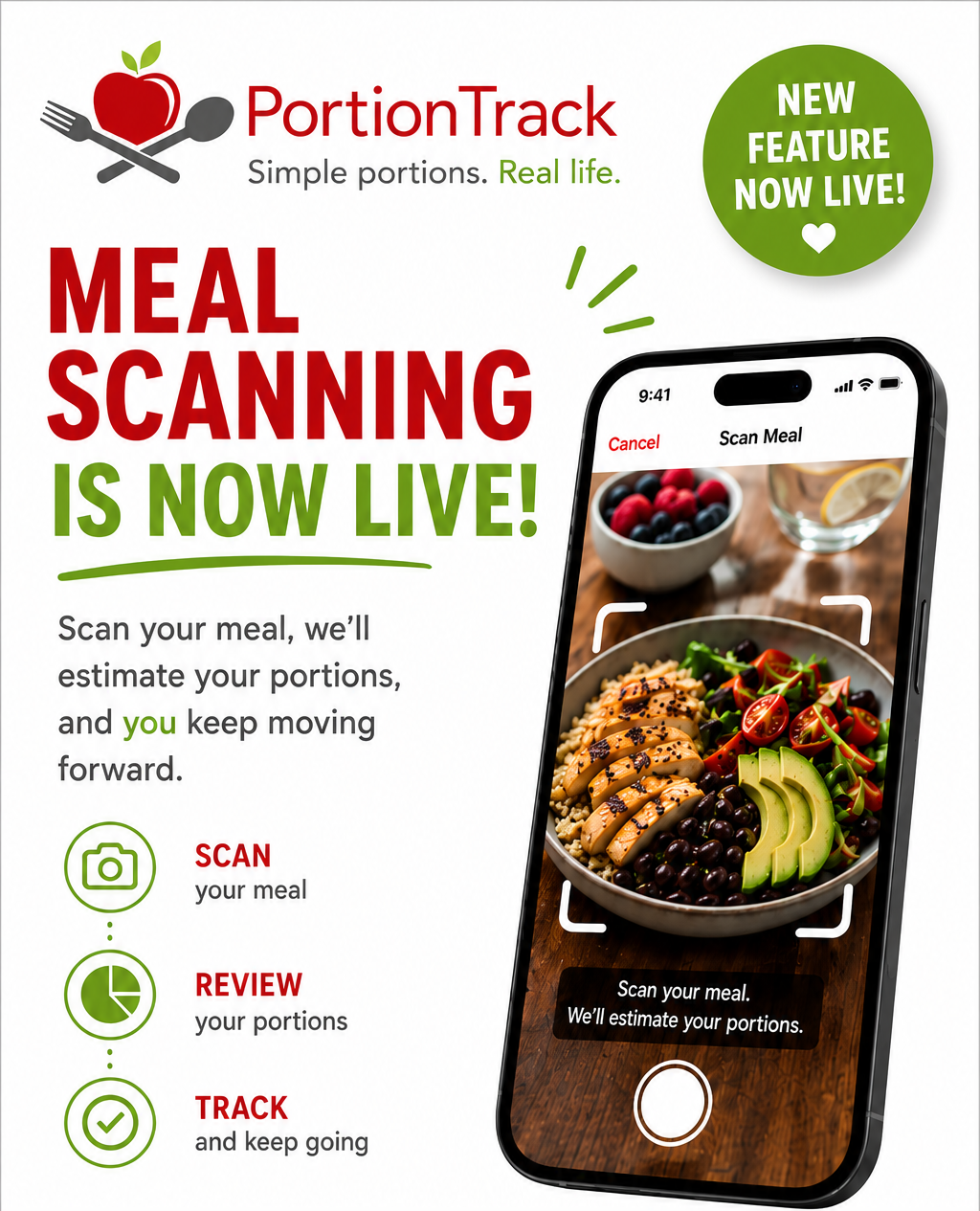 AI meal scanning — scan, review, and track your portions